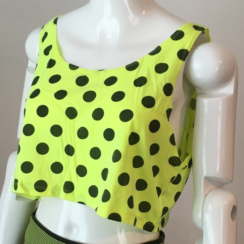 neon yellow and black polka dot top